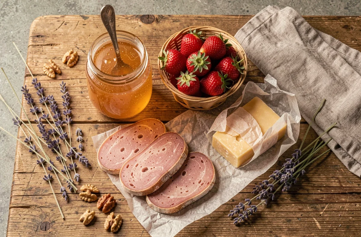Plateau de spécialités fromagères et sucrées d'Annecy en été, vue du dessus avec tome des Bauges, miel sauvage, fraises alpines et sérac sur table en chêne