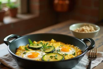 Poêle rustique avec œufs brouillés et courgettes garnies d'herbes fraîches sur une table en bois pour un brunch salé