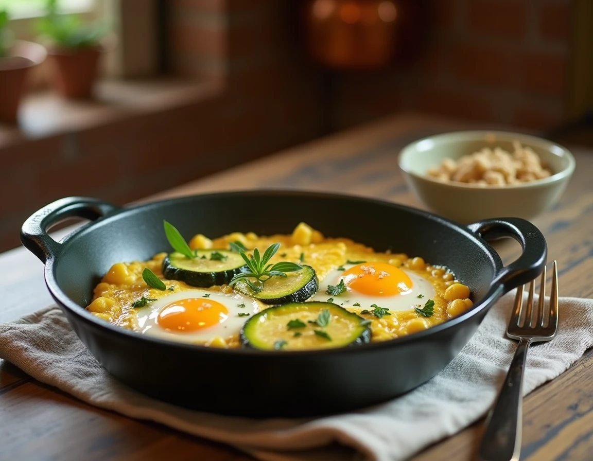 Poêle rustique avec œufs brouillés et courgettes garnies d'herbes fraîches sur une table en bois pour un brunch salé