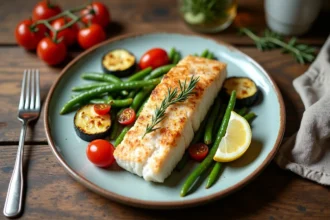 Assiette rustique de poisson blanc avec courgettes rôties, haricots verts et tomates cerises sur une table en chêne
