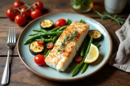 Assiette rustique de poisson blanc avec courgettes rôties, haricots verts et tomates cerises sur une table en chêne