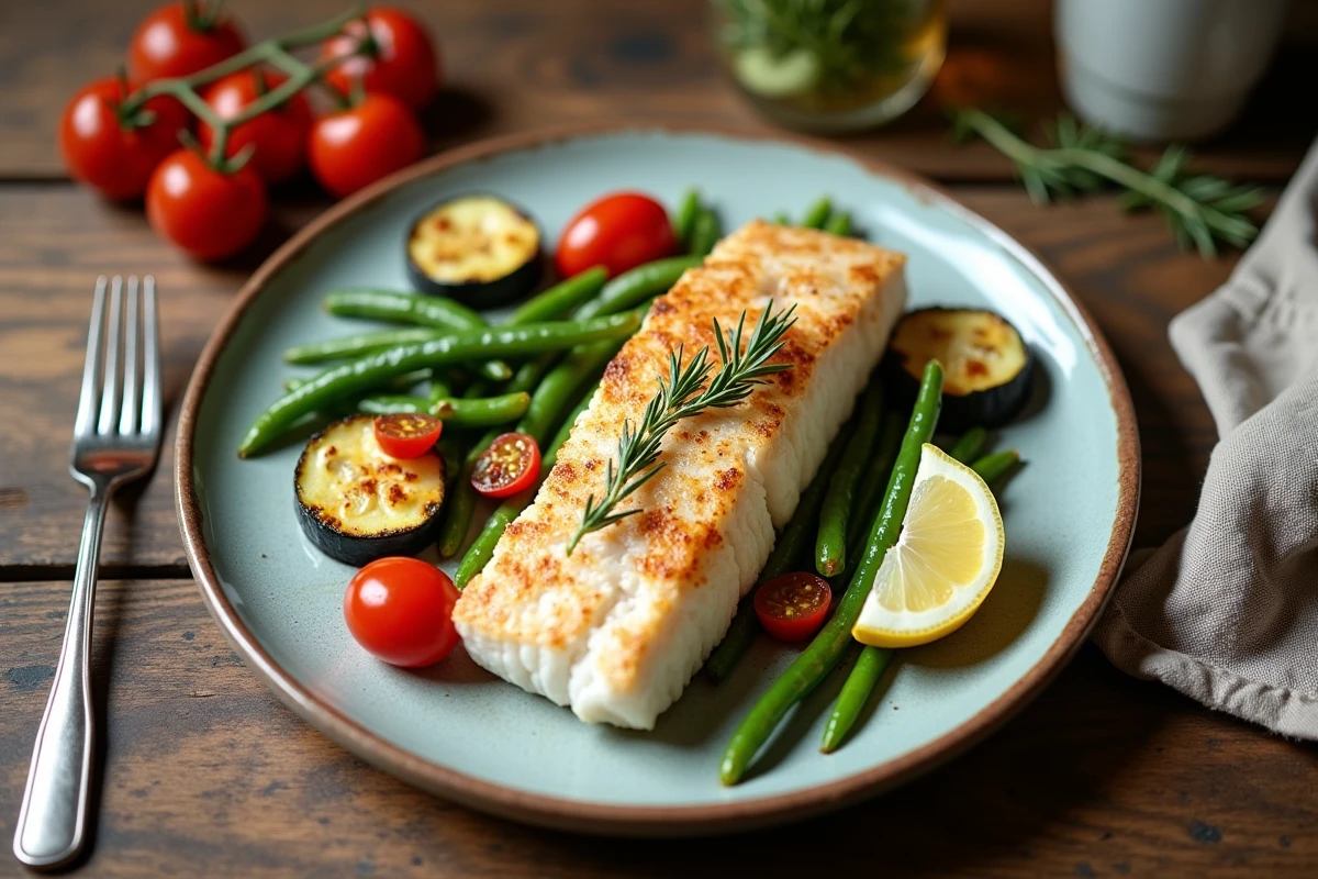 Assiette rustique de poisson blanc avec courgettes rôties, haricots verts et tomates cerises sur une table en chêne