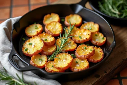 Pommes de terre écrasées ultra croustillantes dorées au four sur une plaque rustique avec romarin et fleur de sel