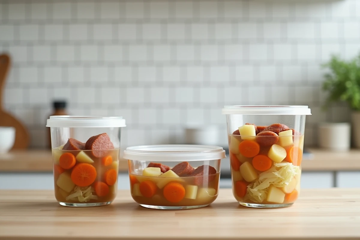 Boîtes en verre avec des portions de potée préparées à l'avance disposées sur un plan de travail en bois dans une cuisine moderne et épurée