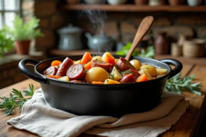 Grande cocotte en fonte remplie d'une potée traditionnelle avec saucisses, lard fumé, légumes et chou sur une table en chêne rustique dans une cuisine de campagne