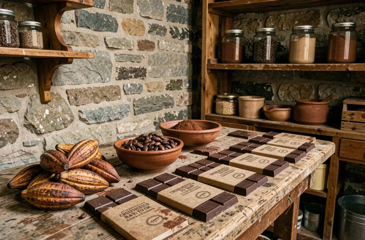 Cabosses de cacao, fèves torréfiées et tablettes bean to bar de Pralus Lyon à la Croix-Rousse
