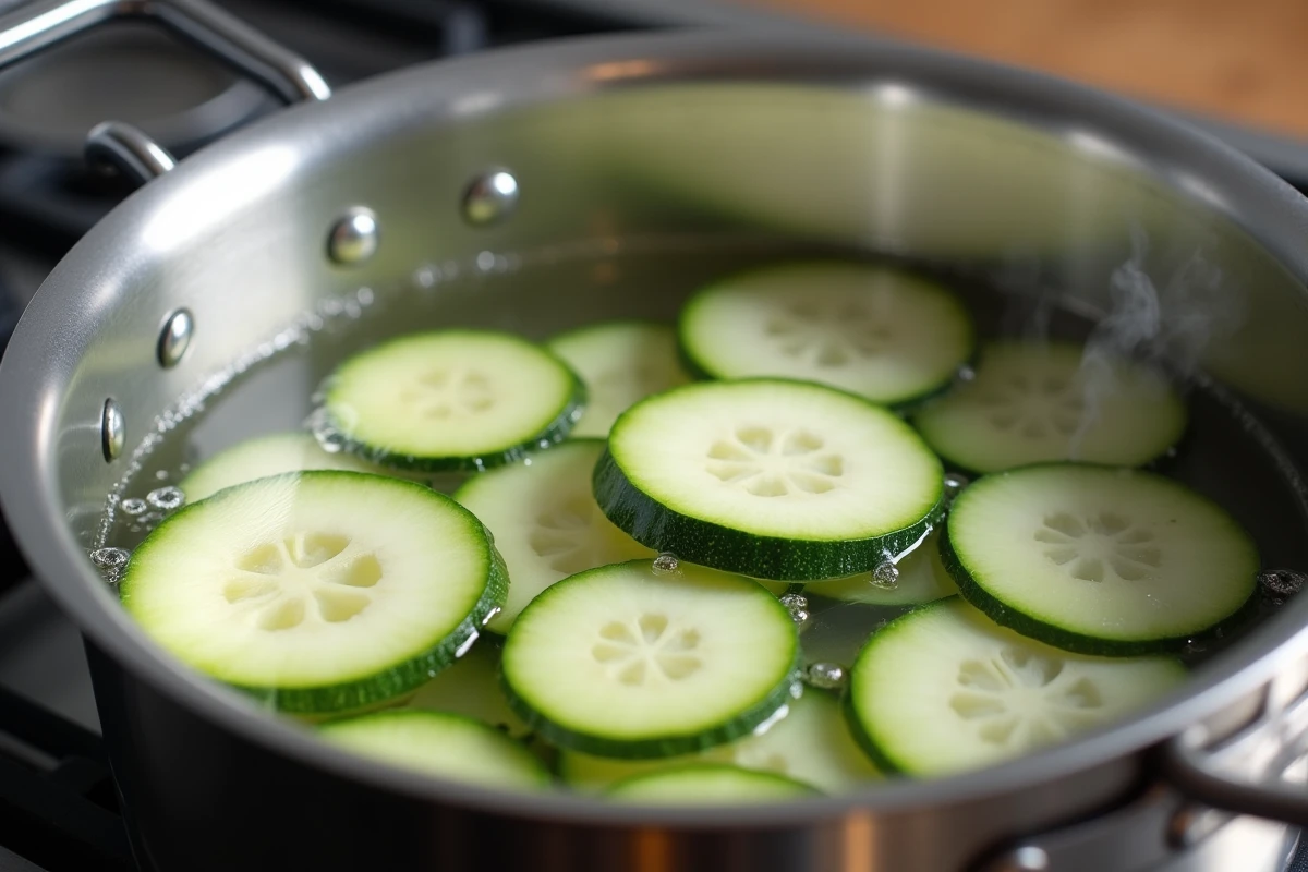 Courgettes en train de précuire dans une casserole d'eau frémissante sur une gazinière
