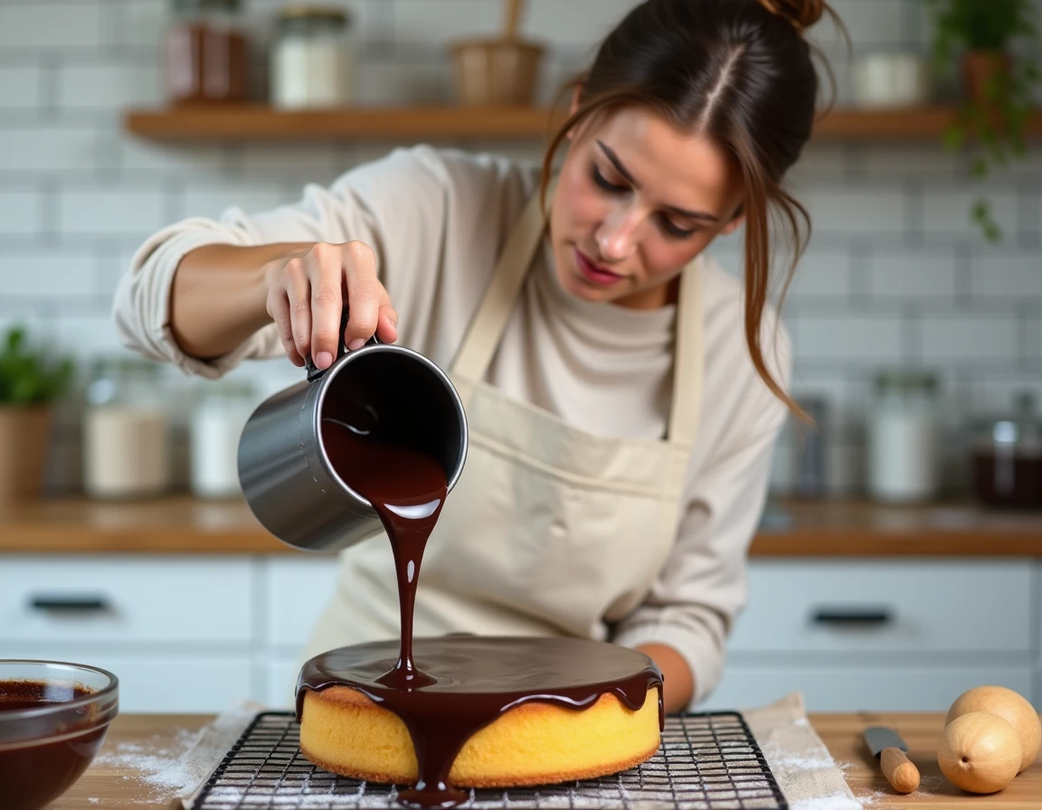 Femme versant une ganache au chocolat sur une base de biscuit amandin dans une cuisine maison lumineuse