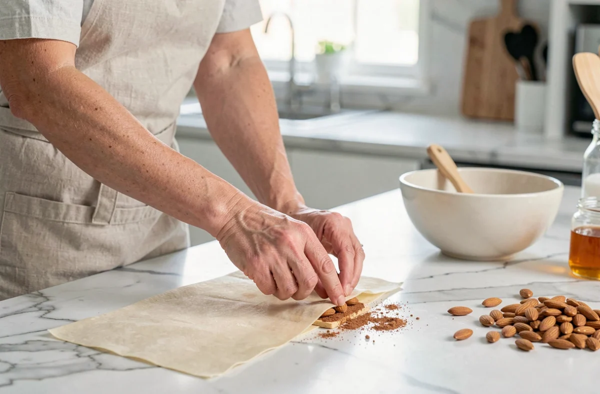 Femme pliant une feuille de brick fine autour d'une garniture sucrée aux amandes et à la cannelle sur un plan de travail en marbre