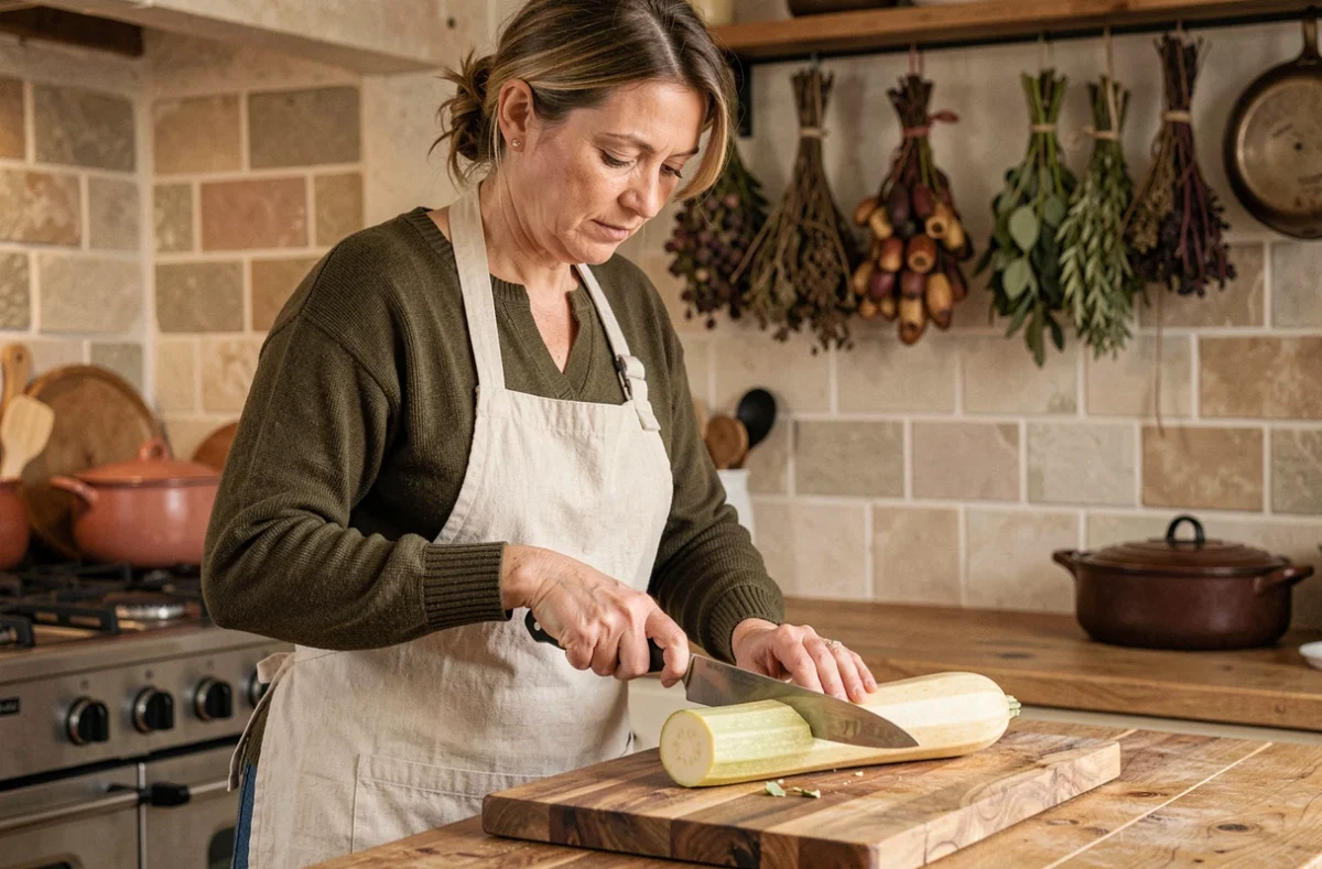 Femme découpant une courge longue de Nice sur une planche en bois dans une cuisine de ferme française