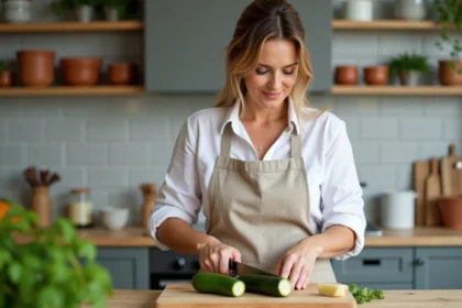 Femme préparant des courgettes fraîches sur une planche en bois dans une cuisine moderne