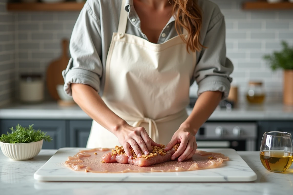 Femme préparant des crépinettes maison en enveloppant la farce de porc dans la crépine sur un plan de travail en marbre