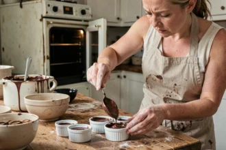 Femme préparant un fondant au chocolat en versant la pâte dans des ramequins sur un plan de travail en bois