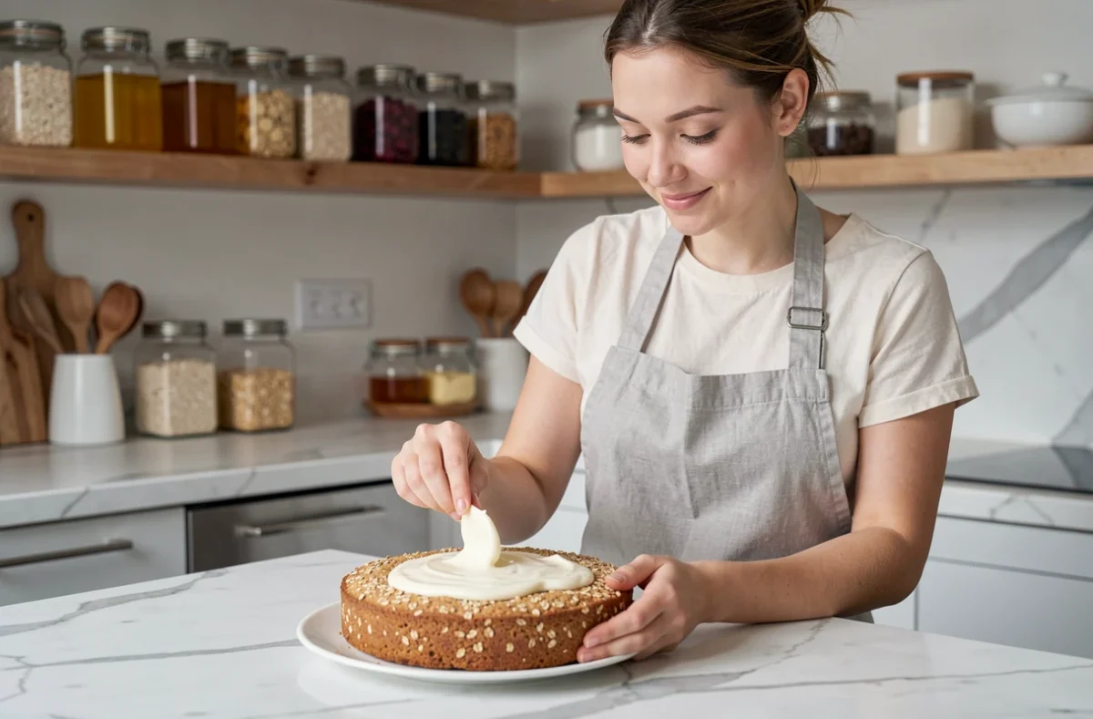 Femme préparant un gâteau d'avoine régime en étalant du yaourt nature sur le dessus dans une cuisine moderne avec des ingrédients sains visibles