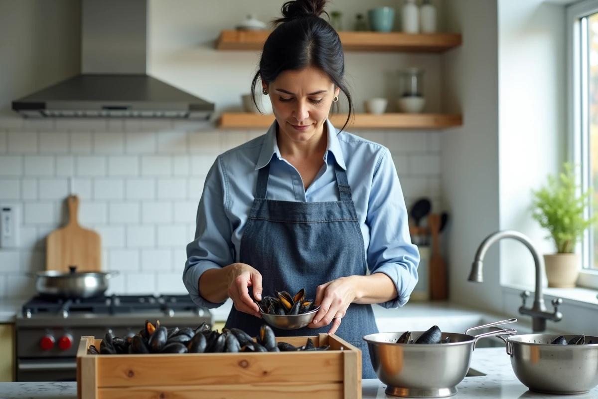Femme portionnant des moules fraîches en cuisine pour préparer un repas familial du week-end