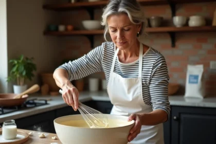 Femme préparant une pâte à crêpe sans grumeaux dans un bol en céramique avec un fouet, cuisine rustique en arrière-plan