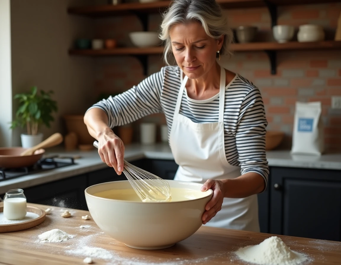 Femme préparant une pâte à crêpe sans grumeaux dans un bol en céramique avec un fouet, cuisine rustique en arrière-plan
