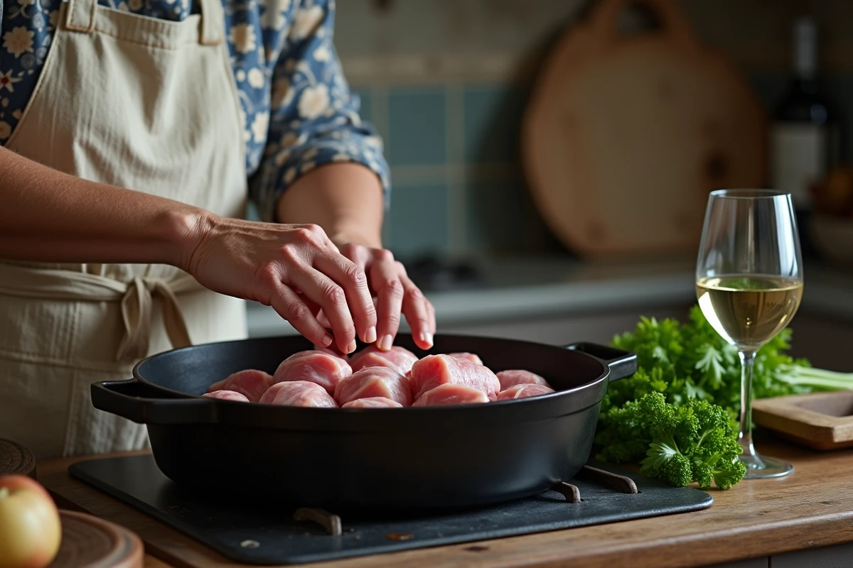 Mains d'une grand-mère déposant des paupiettes de porc crues dans une cocotte en fonte sur une cuisinière ancienne