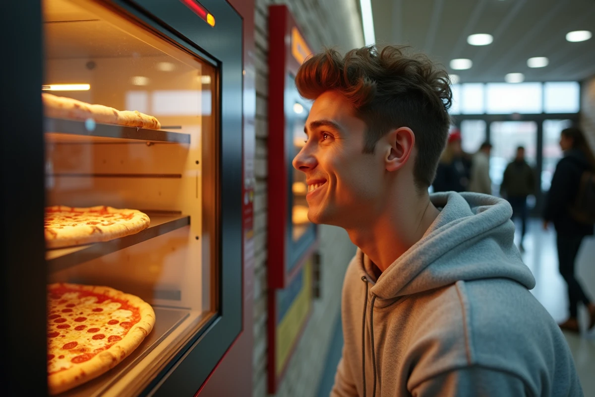 Étudiant observant la préparation d'une pizza fraîche dans un distributeur automatique sur un campus universitaire