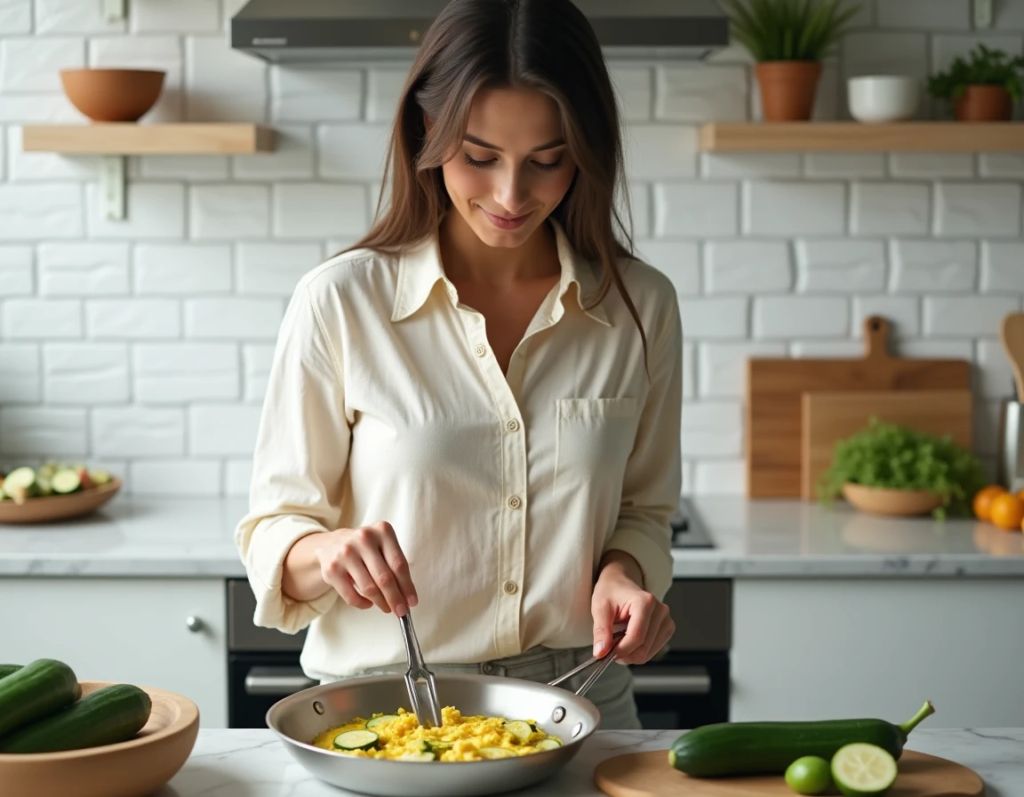 Jeune femme préparant une poêle de courgettes et œufs brouillés dans une cuisine moderne lumineuse