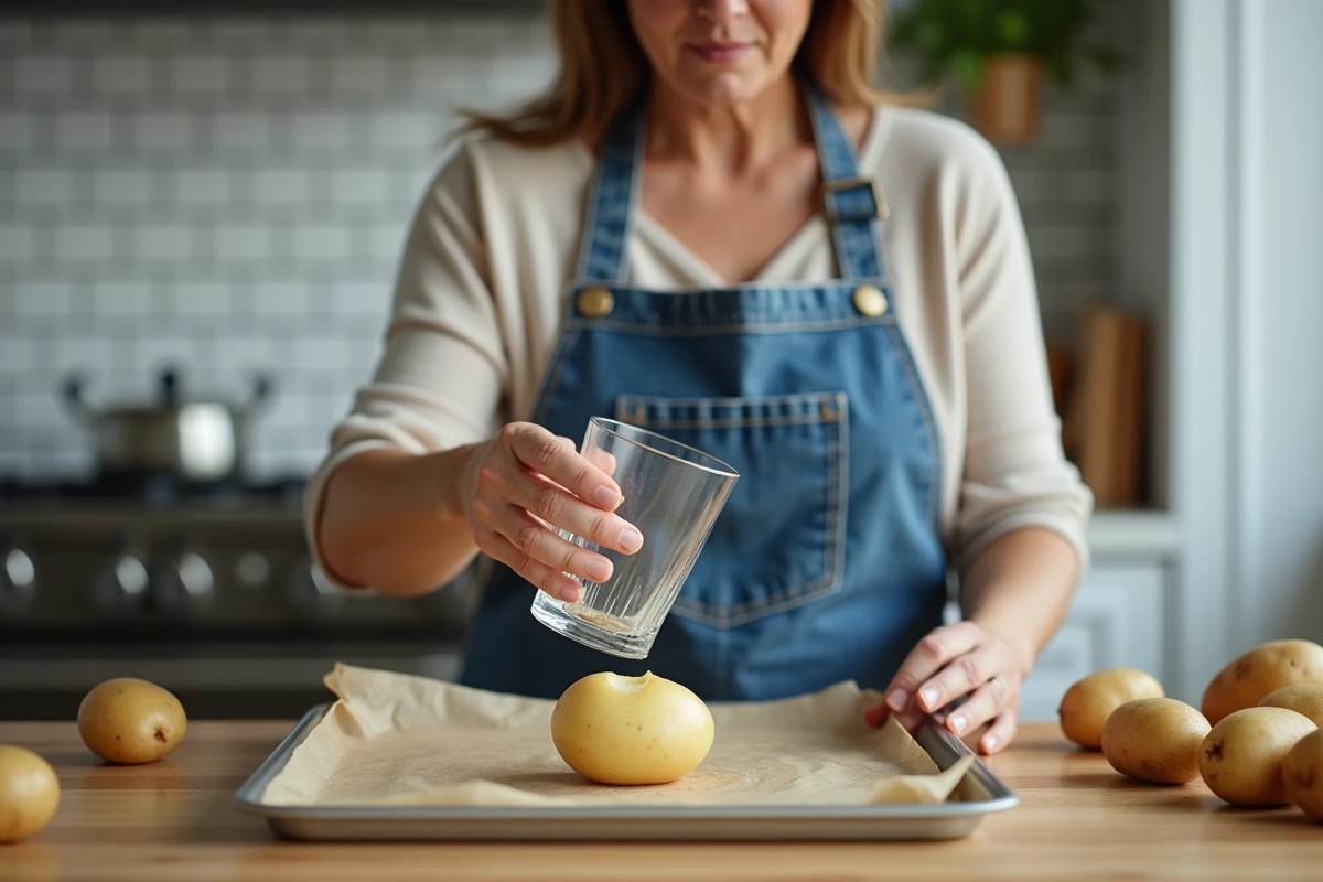 Femme écrasant une pomme de terre bouillie avec un verre sur une plaque de cuisson recouverte de papier sulfurisé