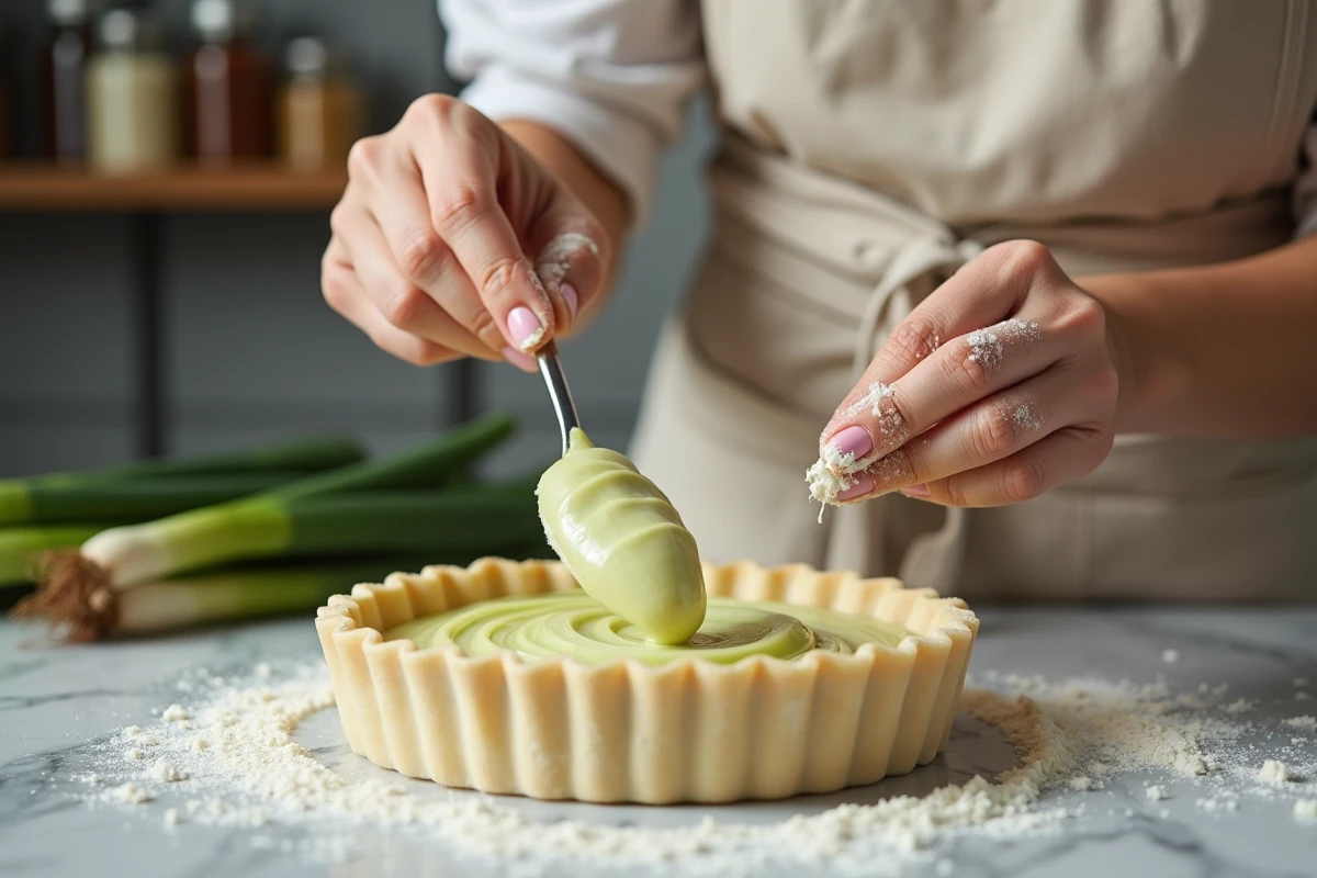 Femme préparant une quiche aux poireaux en versant la fondue de poireaux dans un fond de tarte cru sur un plan de travail en marbre