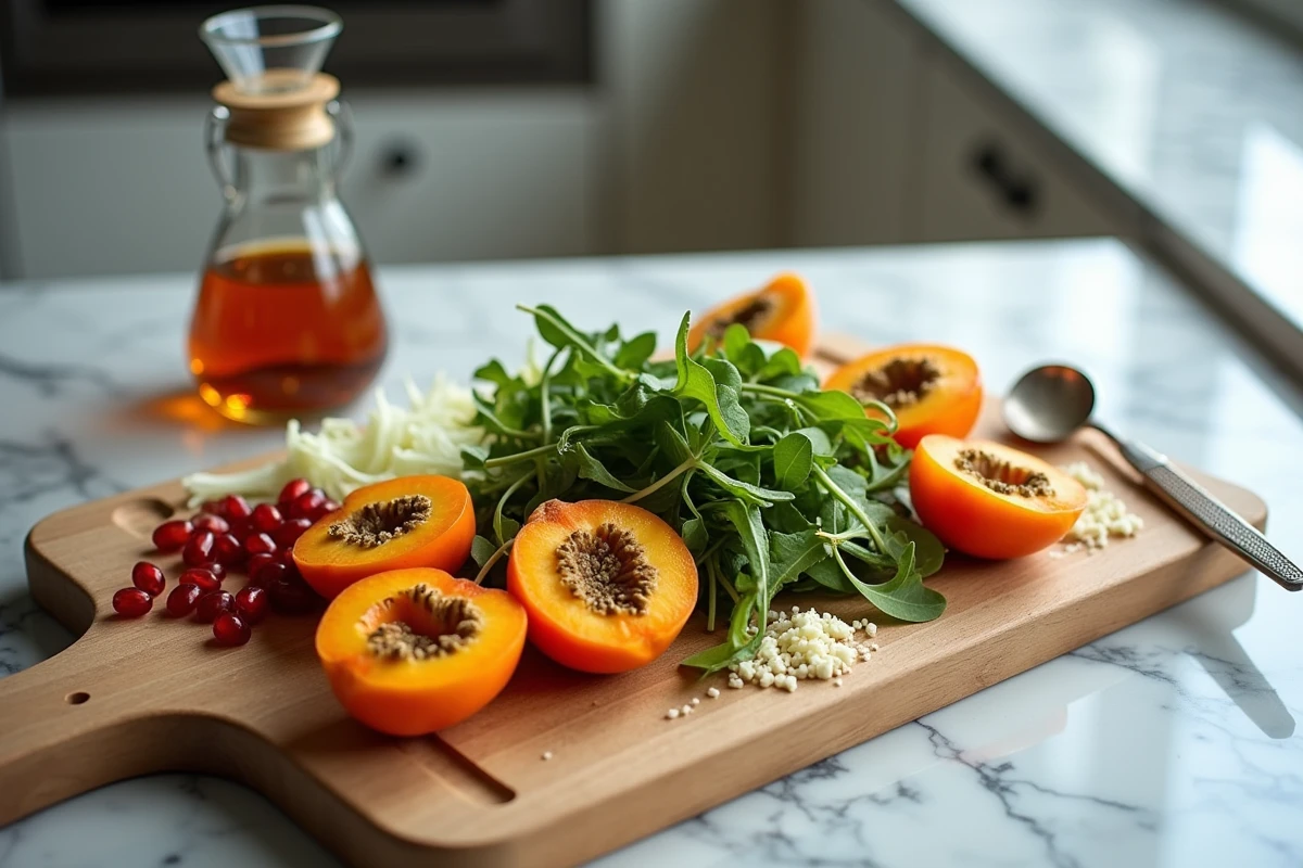 Préparation d'une salade de kaki avec roquette, fenouil, grenade et fromage sur une planche en bois