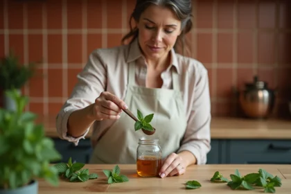 Femme préparant un sirop de menthe maison avec des feuilles de menthe fraîches dans une cuisine rustique