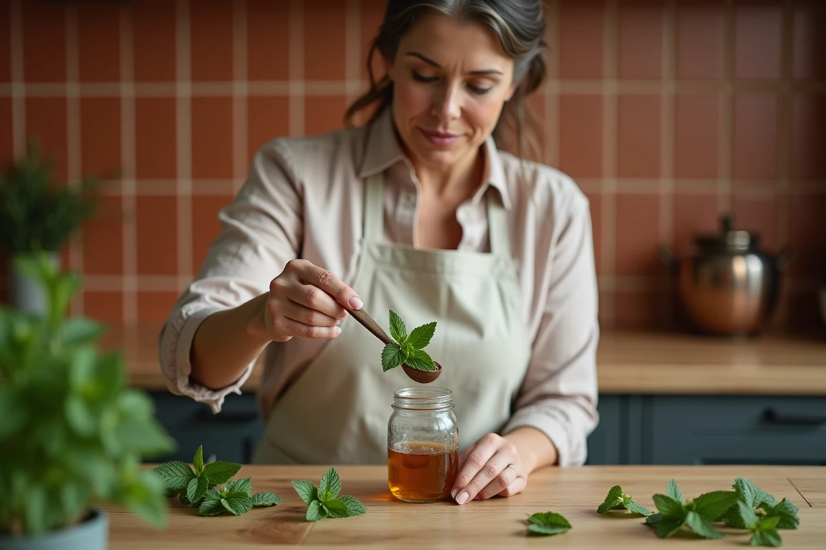 Femme préparant un sirop de menthe maison avec des feuilles de menthe fraîches dans une cuisine rustique