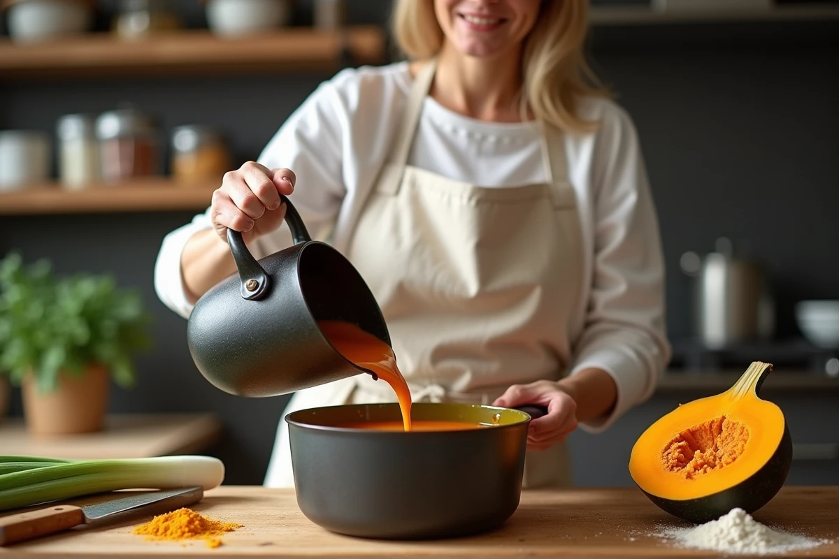 Femme versant une soupe poireau potimarron au curry dans un bol en céramique depuis une cocotte en fonte dans une cuisine chaleureuse