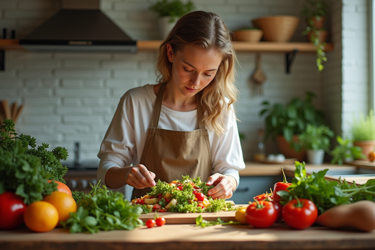 Jeune femme préparant une salade colorée au matin