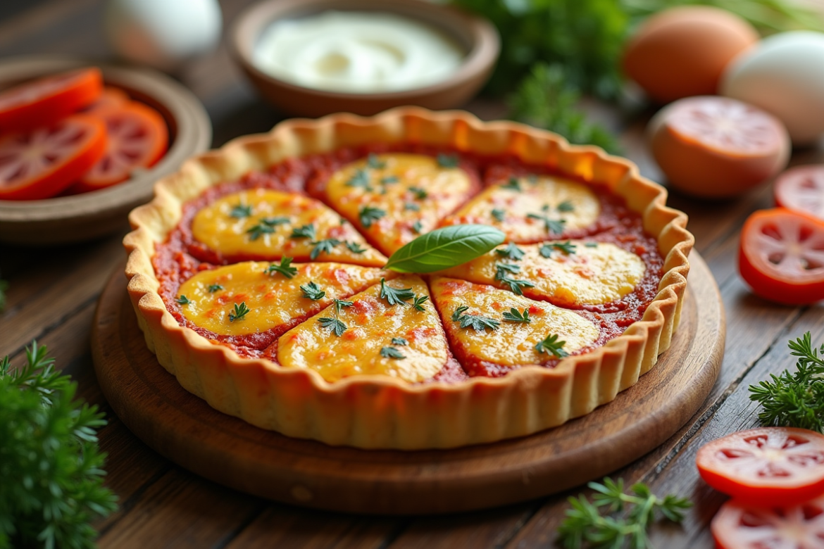 Quiche au chorizo tranchée avec croûte dorée sur table en bois