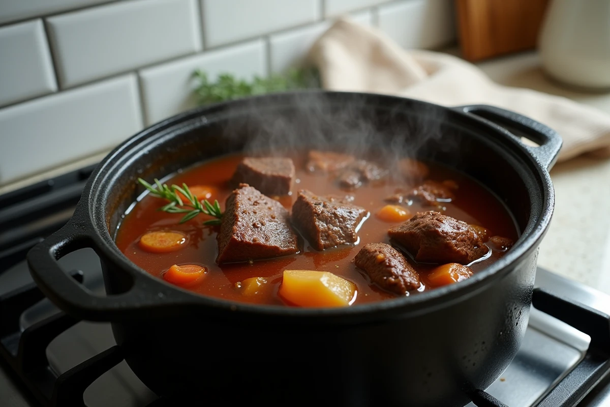 Mijotage d'un ragoût de bœuf tendre en cocotte en fonte sur feu doux