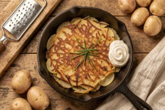 Râpé de pommes de terre doré et croustillant dans une poêle en fonte sur une table en bois rustique, avec une râpe et des pommes de terre crues