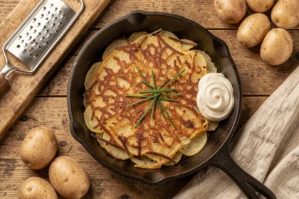 Râpé de pommes de terre doré et croustillant dans une poêle en fonte sur une table en bois rustique, avec une râpe et des pommes de terre crues