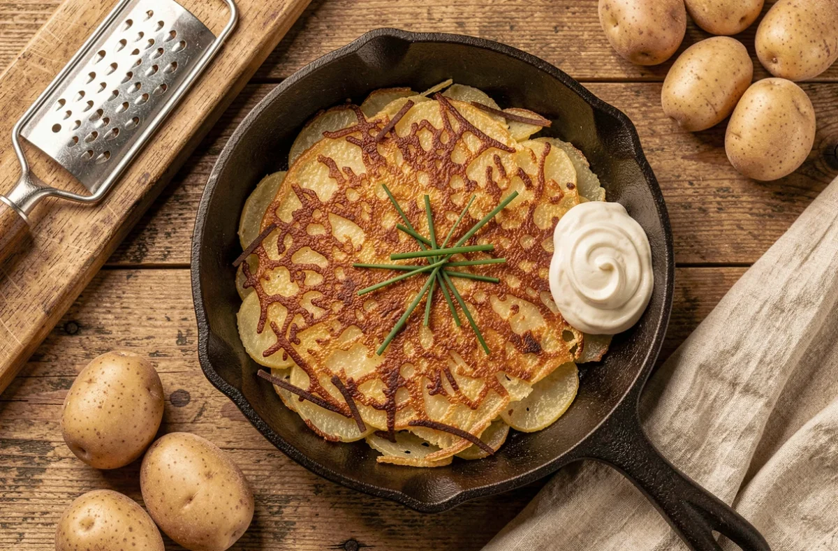 Râpé de pommes de terre doré et croustillant dans une poêle en fonte sur une table en bois rustique, avec une râpe et des pommes de terre crues