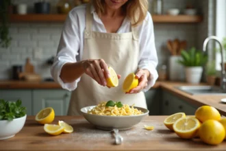 Femme pressant un citron frais sur une salade de pâtes dans une cuisine en bois rustique