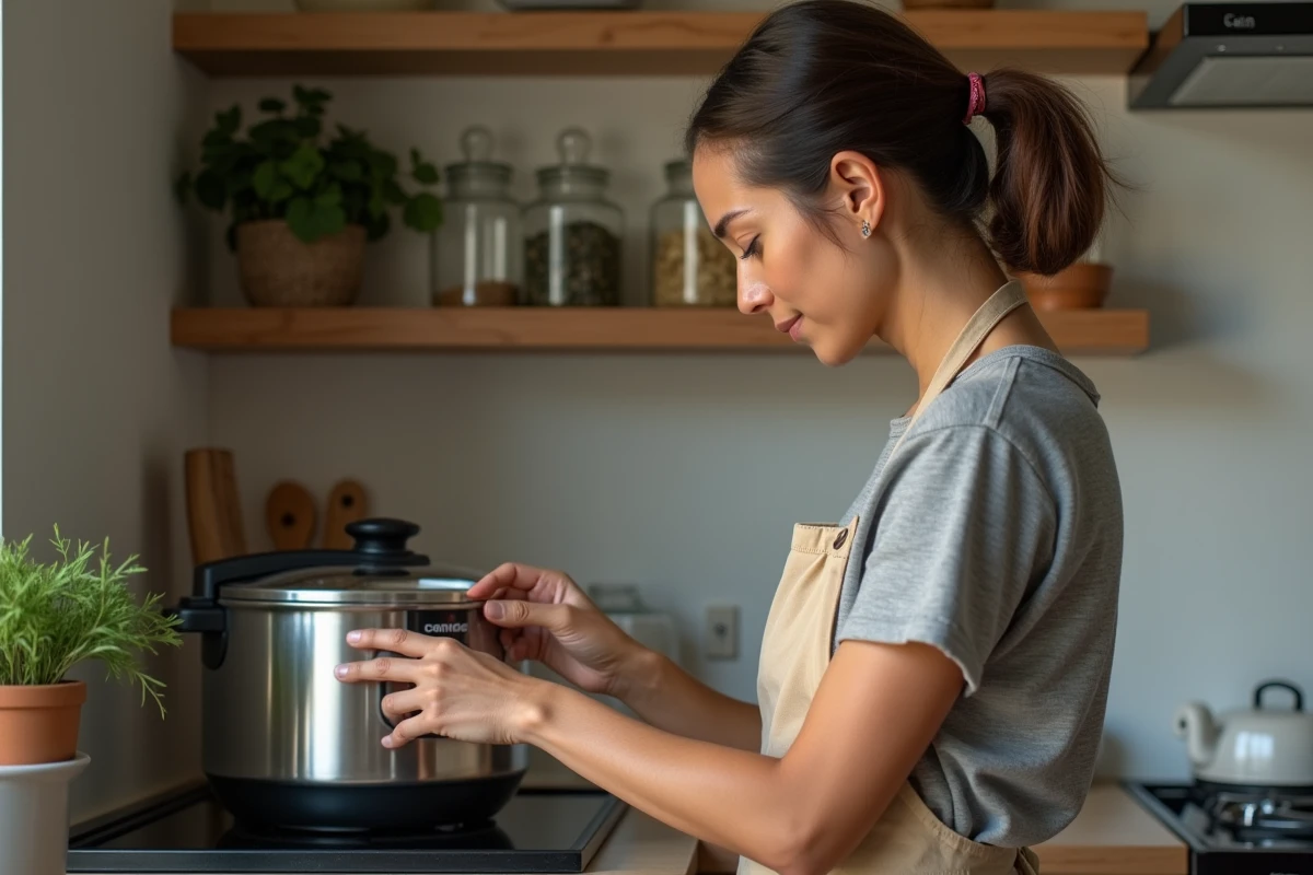 Femme réglant le programme vapeur d'un robot cuiseur pour cuire un chou-fleur dans une cuisine familiale