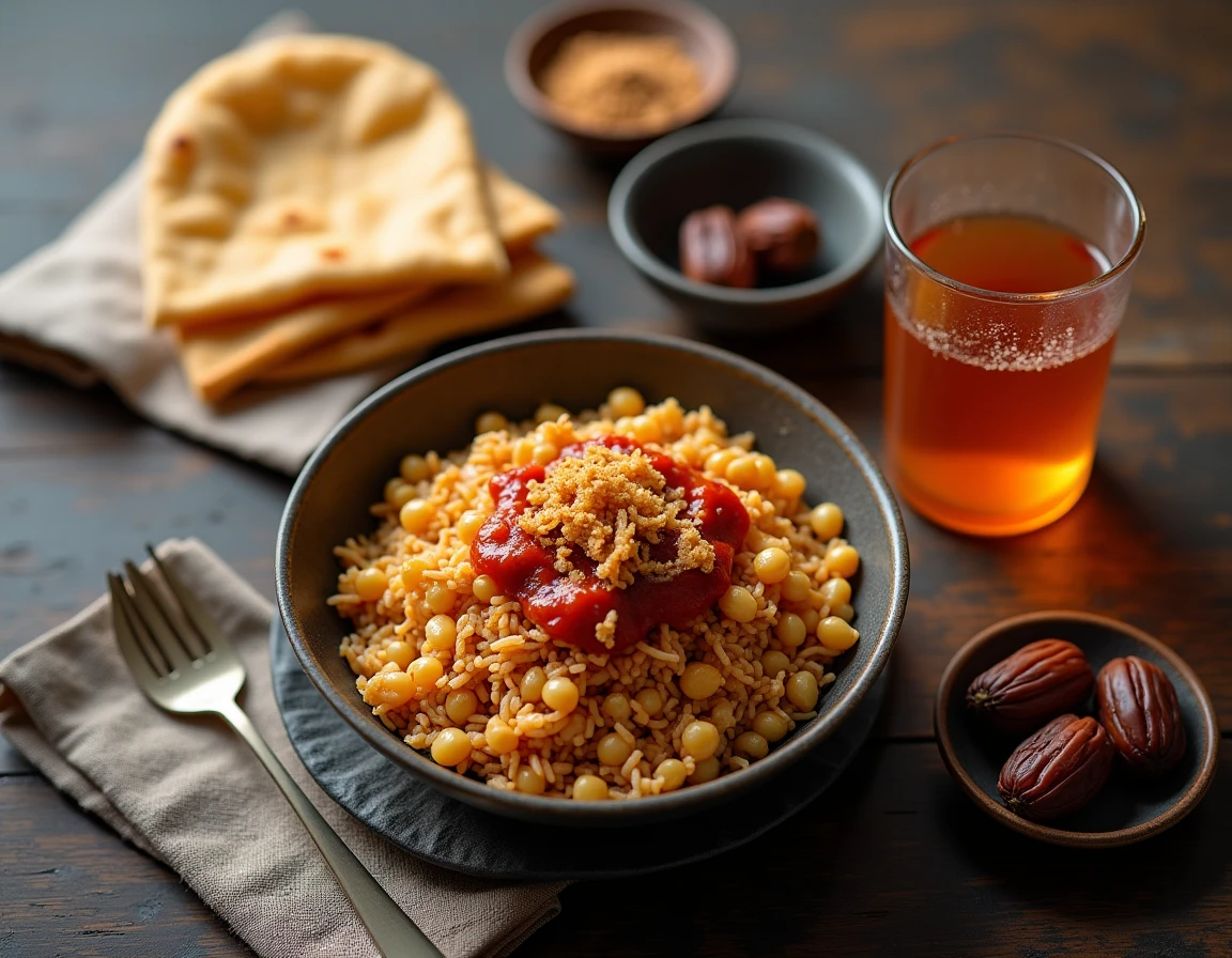 Vue de dessus d'un repas égyptien traditionnel pour l'iftar du Ramadan avec koshari, dattes et boisson au tamarin