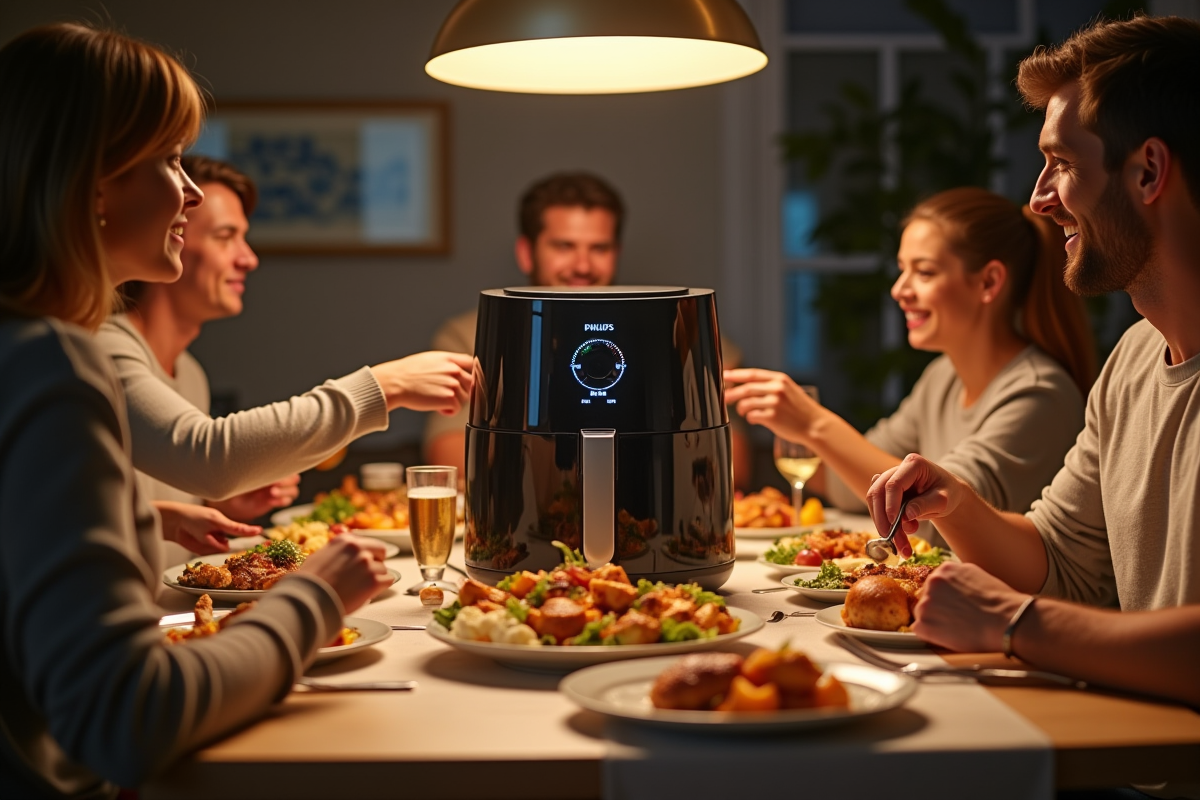 Repas familial avec airfryer essentiel au centre de la table