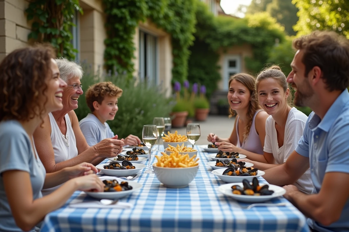 Repas de moules-frites en famille autour d'une table de jardin lors d'un week-end estival