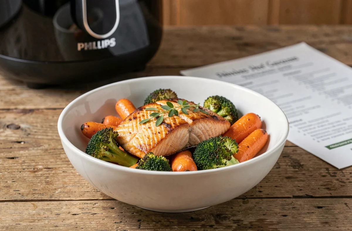 Assiette saine de saumon et légumes grillés préparés avec un airfryer Philips