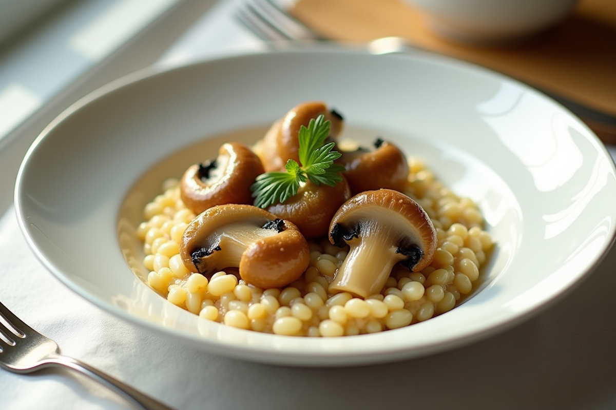Plat de risotto aux girolles présenté sur une assiette blanche