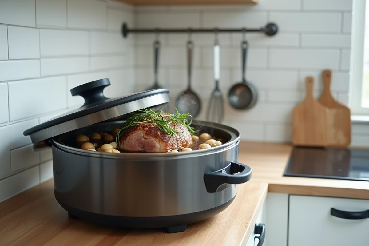 Cookeo ouvert avec rôti de porc au fond de veau en cours de cuisson, vapeur s'échappant du couvercle dans une cuisine moderne