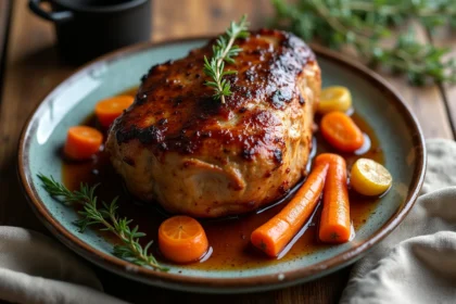 Rôti de porc au fond de veau servi sur une assiette rustique avec carottes et échalotes rôties, sauce brillante au jus réduit