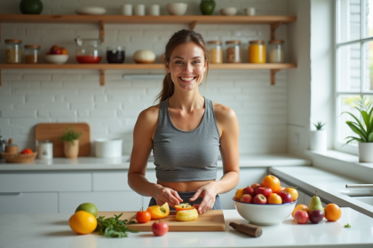 Femme souriante préparant une salade de fruits colorée