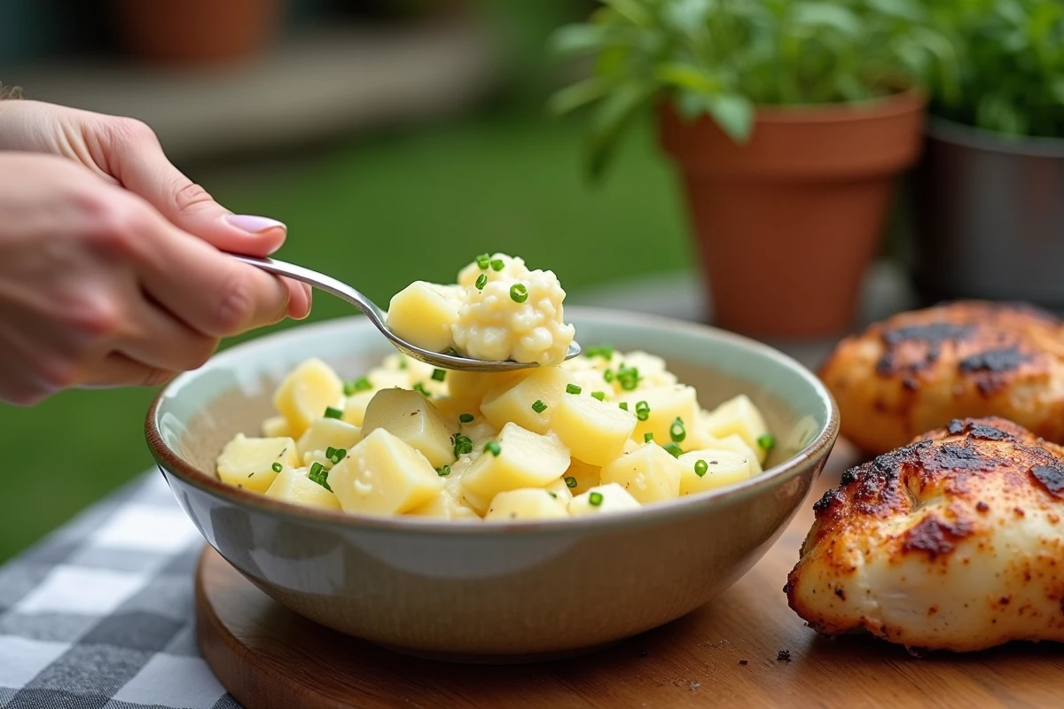 Salade de pommes de terre crémeuse servie à la cuillère à côté de cuisses de poulet grillées au barbecue sur une terrasse estivale