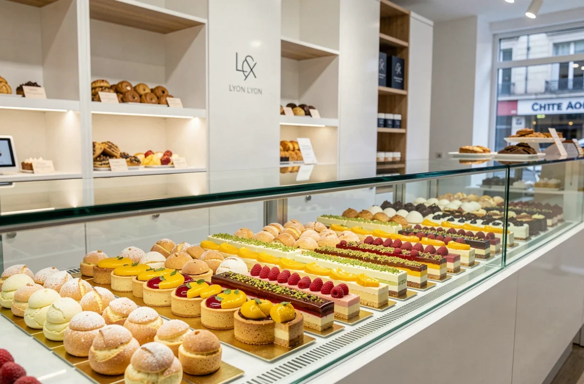 Vitrine colorée de choux et tartes modernes aux fruits de la pâtisserie Sébastien Bouillet à Lyon