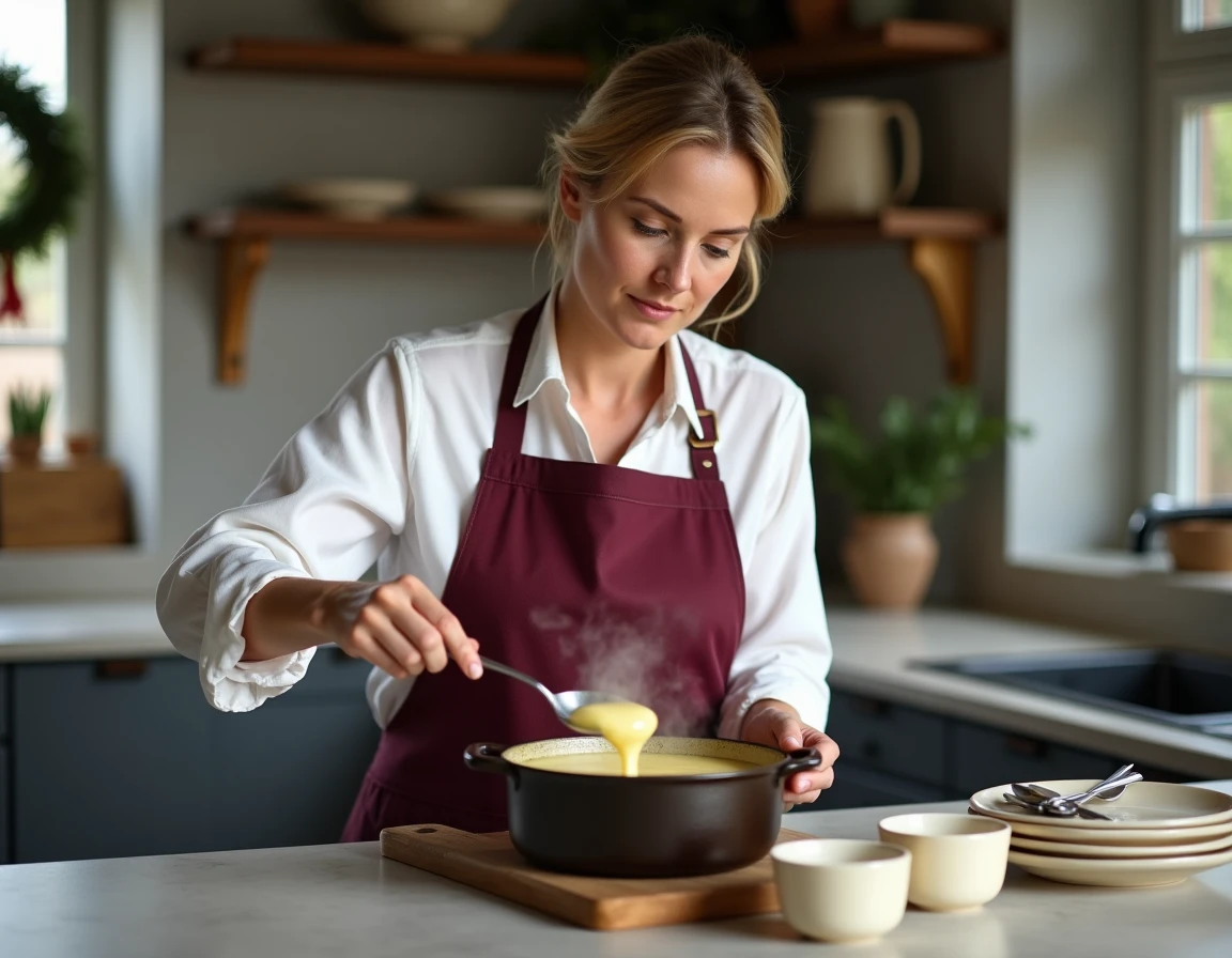 Femme en tablier servant une fondue de poireaux maison dans des ramequins dans une cuisine française rustique
