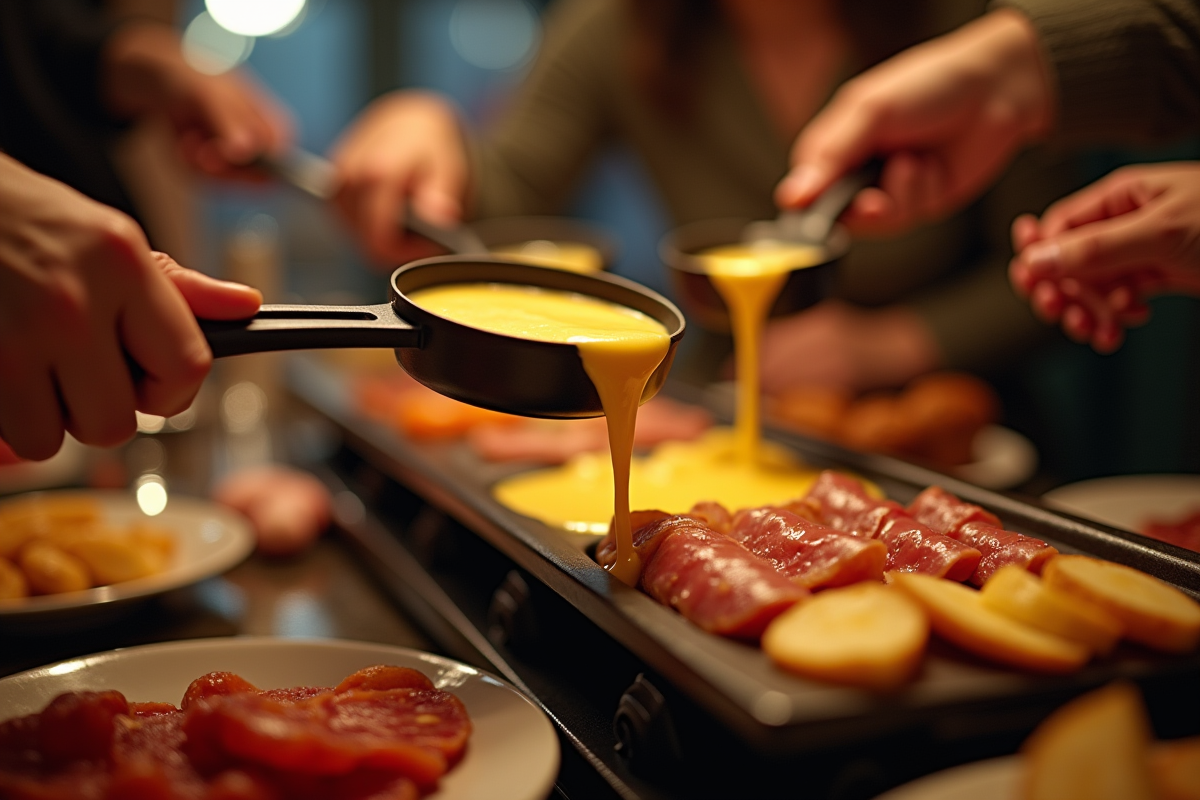 Groupe d amis servant du fromage raclette sur pommes de terre